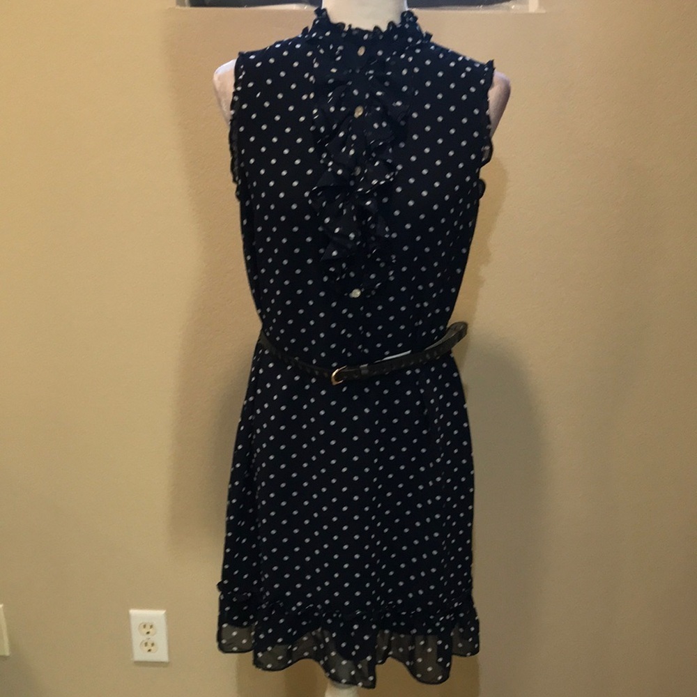 Tommy Hilfiger Blue & White Polka Dot Sleeveless Ruffle Detailed Dress-Size 8